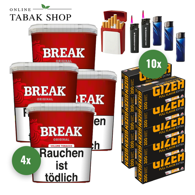4x BREAK Tabak Rot 185g Eimer + 2000 GIZEH Full Flavor Extra Hülsen + 3 Feuerzeuge + 2 Sturmfeuerzeuge + 1 GIZEH Etui