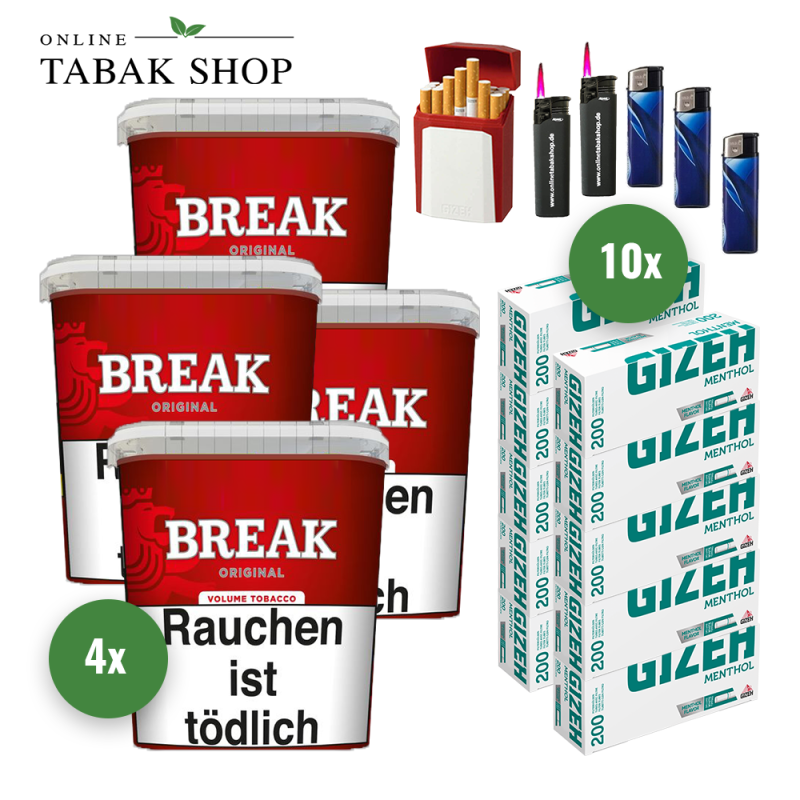 4x BREAK Tabak Rot 185g Eimer + 2000 GIZEH Menthol Hülsen + 3 Feuerzeuge + 2 Sturmfeuerzeuge + 1 GIZEH Etui