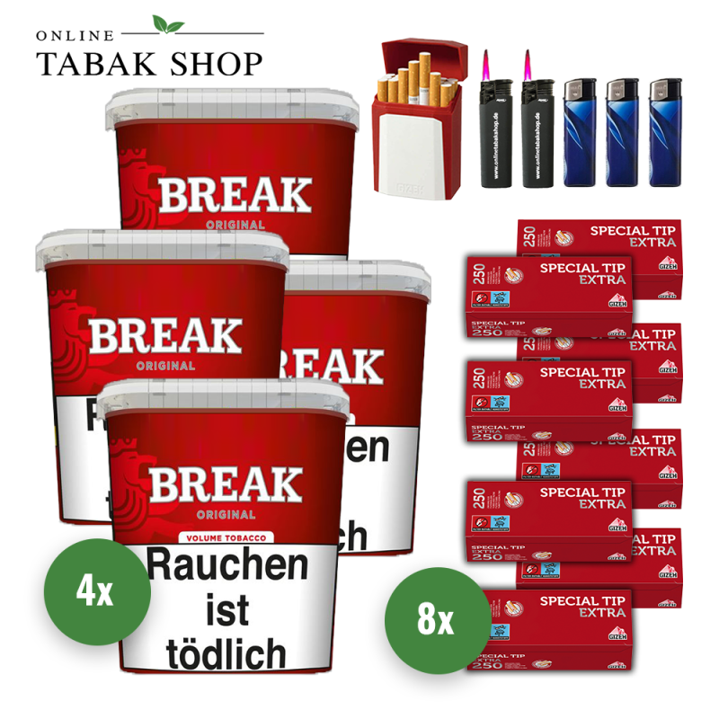 4x BREAK Tabak Rot 185g Eimer + 2000 GIZEH Special Tip Extra Hülsen + 3 Feuerzeuge + 2 Sturmfeuerzeuge + 1 GIZEH Etui