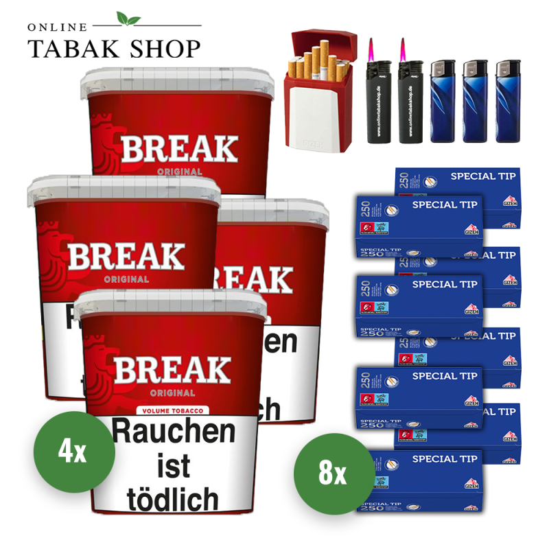 4x BREAK Tabak Rot 185g Eimer + 2000 GIZEH Special Tip Hülsen + 3 Feuerzeuge + 2 Sturmfeuerzeuge + 1 GIZEH Etui