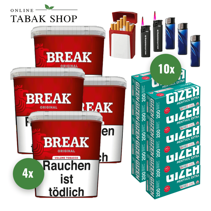 4x BREAK Tabak Rot 185g Eimer + 2000 GIZEH Menthol Extra Hülsen + 3 Feuerzeuge + 2 Sturmfeuerzeuge + 1 GIZEH Etui