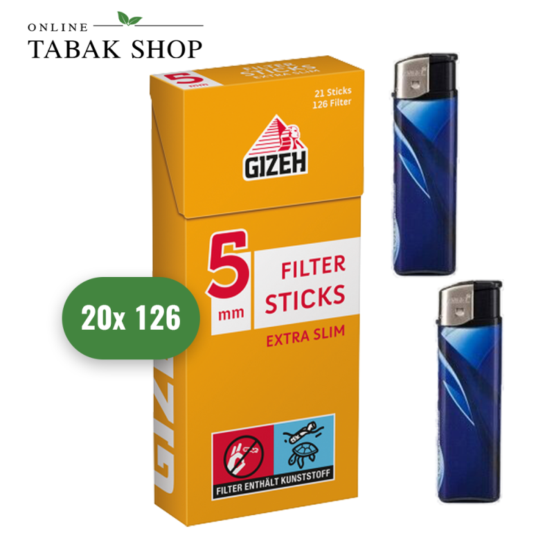 GIZEH Filter Tip Sticks Extra Slim (20x 126er) + 2 Feuerzeuge