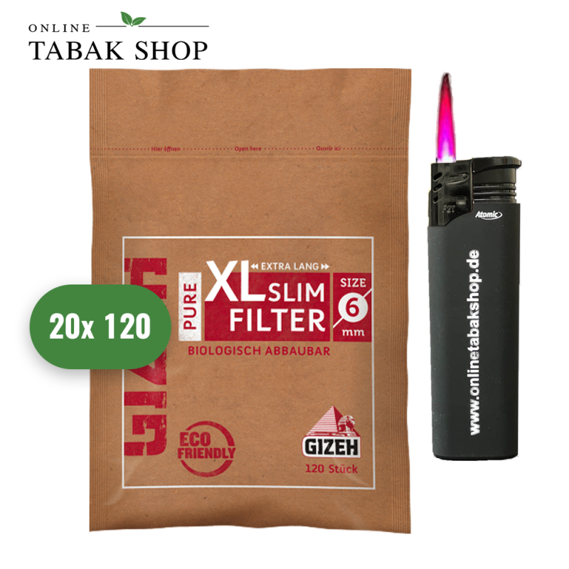 GIZEH Pure XL Slim Filter 6mm (2 Boxen) (20x 120er) + 1 Sturmfeuerzeug