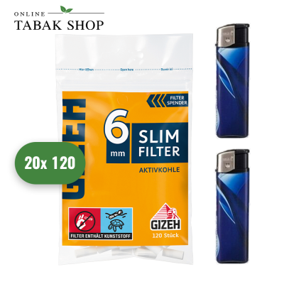 Gizeh Slim Filter 6mm Aktivkohle (20x 120er) + 1 Sturmfeuerzeug