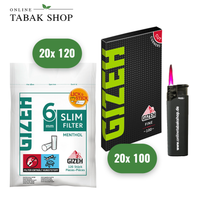 GIZEH Slim Filter Menthol (10x 120er) + 10x 100er Gizeh Fine Green Blättchen, 1x Sturmfeuerzeug