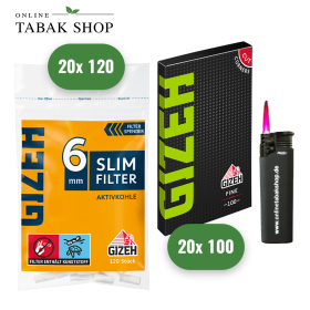 Gizeh Slim AKTIV Filter 6mm (20x 120er) + 20x 100er Gizeh Fine Green Magnet Blättchen + 1x Sturmfeuerzeug - 29,95 €