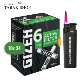 Gizeh Activ Filter Slim 6mm Zigarettenfilter Joint Tips (10x 34er) + 1 Sturmfeuerzeug - 39,95 €