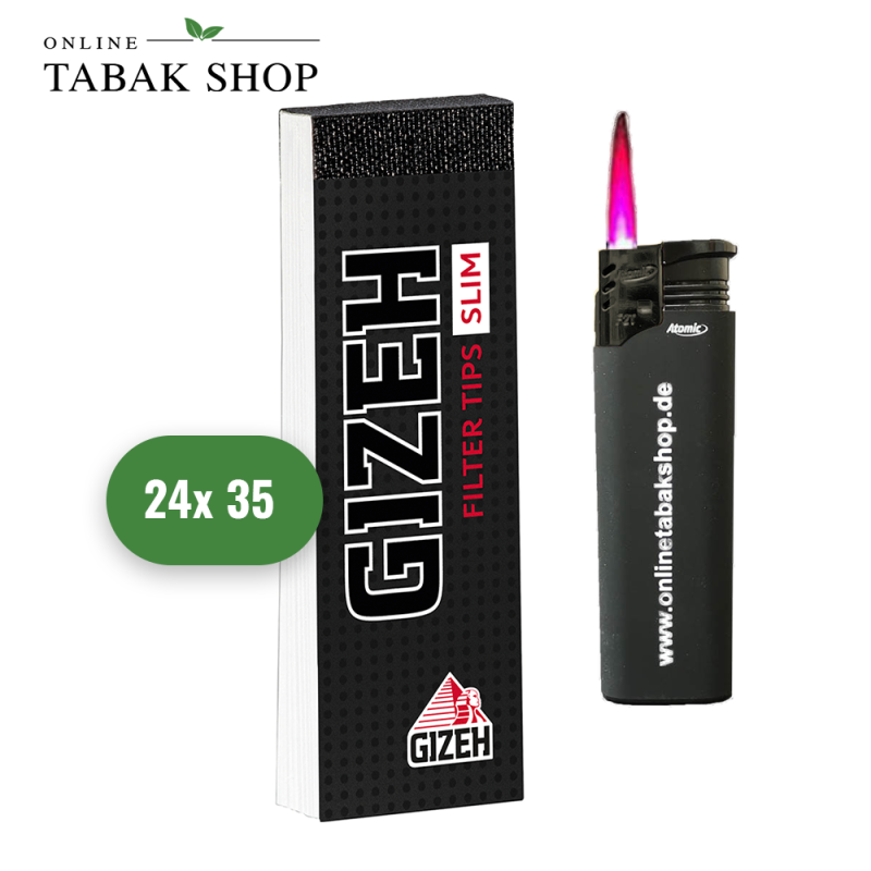 Gizeh Black Filter Tips Slim (2 Boxen) (48x 35er) + 1 Sturmfeuerzeug