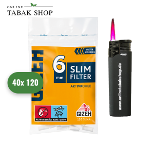 Gizeh Aktivkohle Slim Filter 6mm (40x 120er) + 1 Sturmfeuerzeug - 29,95 €