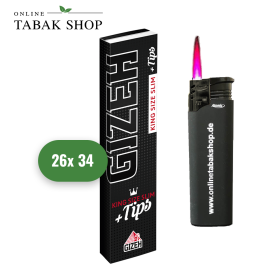 GIZEH BLACK King Size Slim mit TIPS (26 x 34er) + 1 Sturmfeuerzeug - 23,99 €