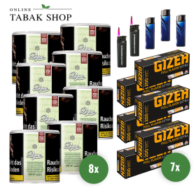 Pepe Bright Green Tabak (8x 80g), 1.400x Gizeh Flavor Extra Hülsen , 3 Feuerzeuge , 2 Sturmfeuerzeuge