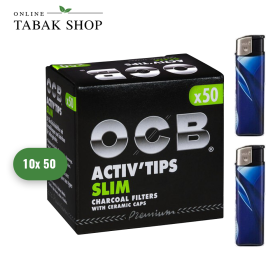 OCB Activ Tips Slim 7mm / 10 Packungen á 50 Filter + 2 Feuerzeuge - 54,90 €