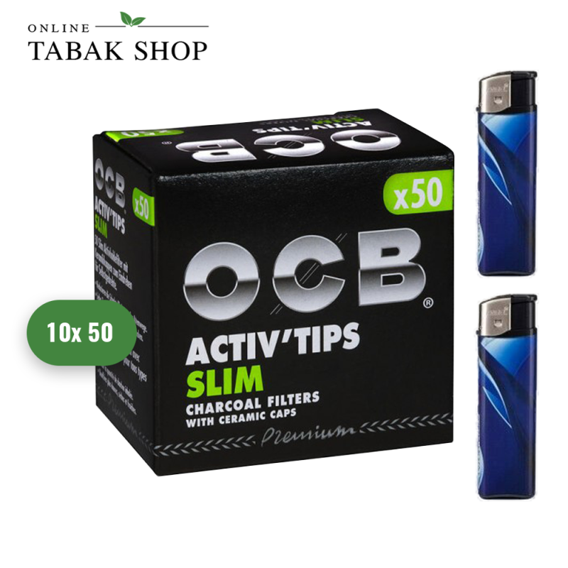 OCB Activ Tips Slim 7mm / 10 Packungen á 50 Filter + 2 Feuerzeuge