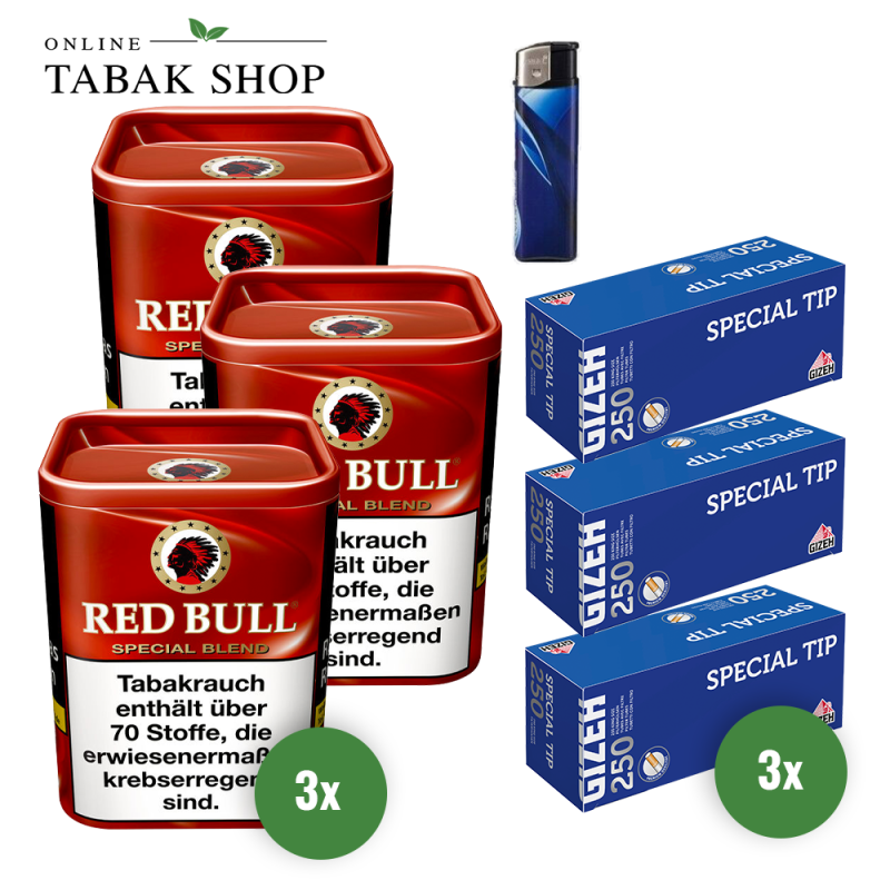 Red Bull "Special Blend" Feinschnitt-Tabak (3 x 120g) + 750 GIZEH Special Tip Hülsen + 3 Feuerzeuge