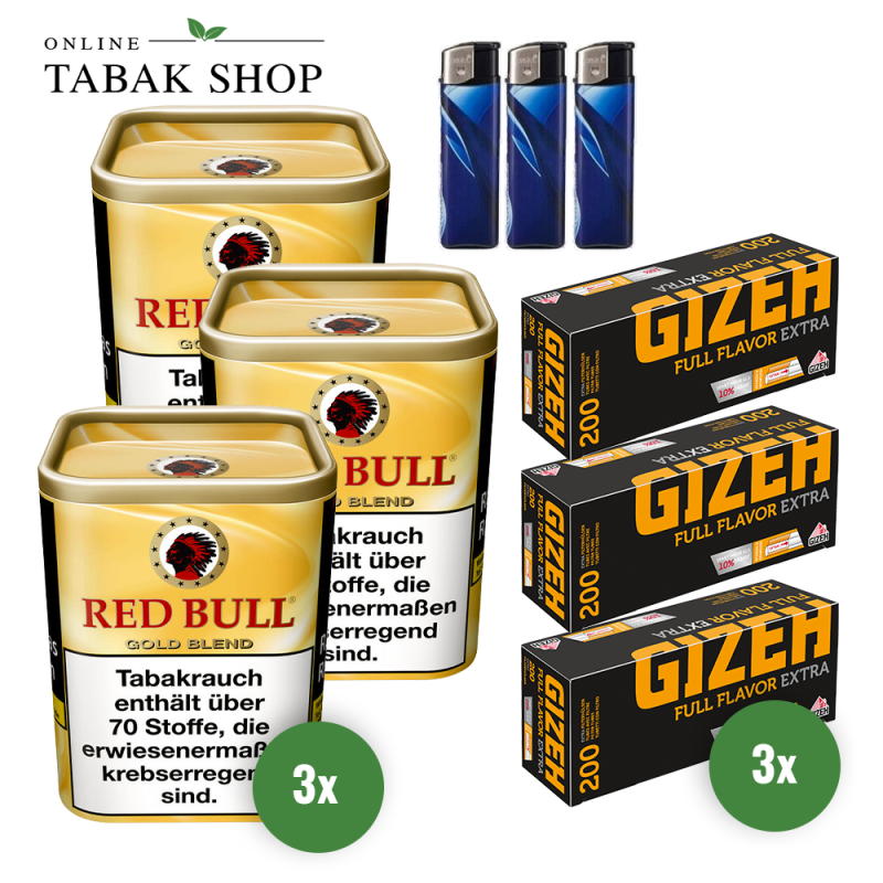 Red Bull Gold Blend Feinschnitt-Tabak (3x 120g), 800 Gizeh Extra Hülsen, 3x Feuerzeuge