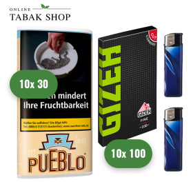 Pueblo Classic Tabak (10 x 30g) + GIZEH Black Fine Blättchen (10 x 100er) + 2 Feuerzeuge - 66,20 €