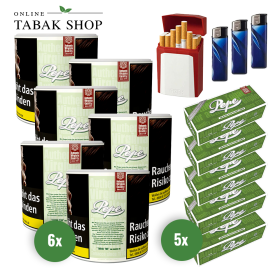 Pepe Bright Green Tabak (6 x 80g) + 1.000 Pepe Hülsen + 3 Feuerzeuge + 1 Gizeh Etui