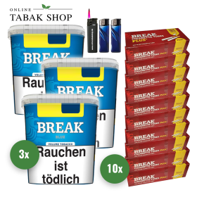 3x BREAK Tabak Blau 185g Eimer + 2000 BREAK Plus Hülsen + 2 Feuerzeuge + 1 Sturmfeuerzeug