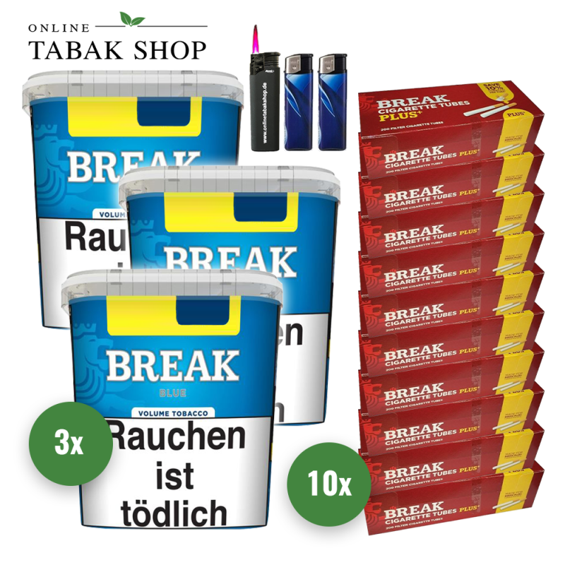 Break Blue Volumen Tabak (3 x 215g) + 2.000 Break PLUS Hülsen + 2 Feuerzeuge + 1 Sturmfeuerzeug