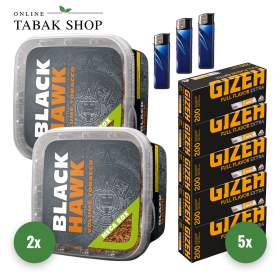 Black Hawk MEGA BOX Volumentabak (2 x 230g) + 1.000 GIZEH Full Flavor EXTRA Hülsen + 3 Feuerzeuge - 94,60 €