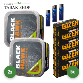2x Black Hawk Tabak 230g + 1000 Gizeh Full Flavor Extra Hülsen + 3 Feuerzeuge