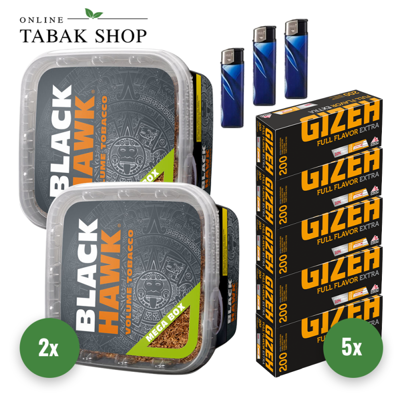Black Hawk MEGA BOX Volumentabak (2 x 230g) + 1.000 GIZEH Full Flavor EXTRA Hülsen + 3 Feuerzeuge