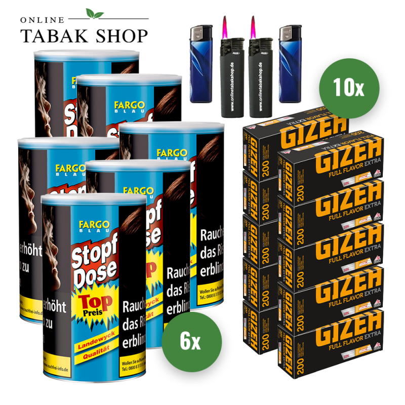 6x FARGO Stopf-Dose Blau 122g + 2000 GIZEH Full Flavor Extra Hülsen + 2 Feuerzeuge + 2 Sturmfeuerzeuge