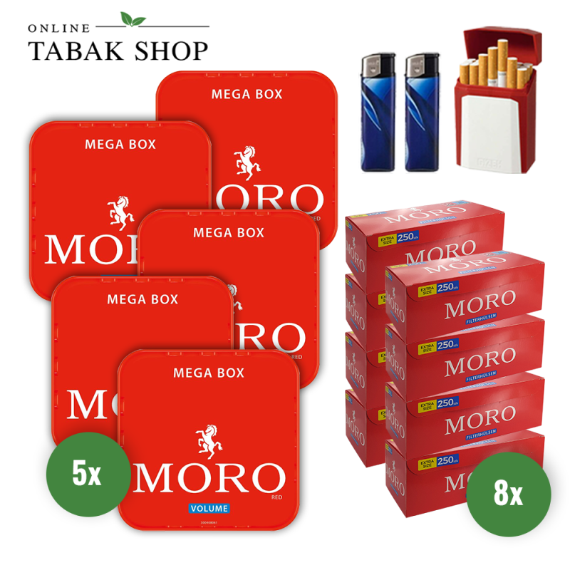 Moro Rot Volumen Tabak (5 x 155g) + 2.000 Moro Extra Size Hülsen+ 2 Feuerzeuge + 1 GIZEH Etui