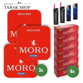Moro Rot Volumentabak (3 x 155g) + 1.500 Moro Hülsen, 2 Sturmfeuerzeuge, 2 Feuerzeuge - 87,95 €