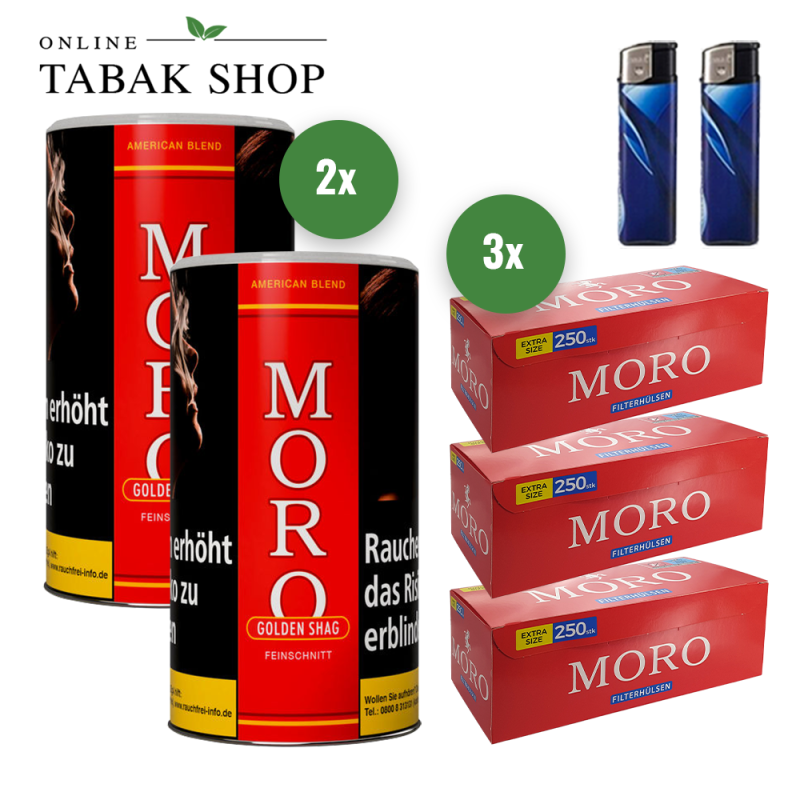 Moro Rot/Golden Shag (2 x 150g) + 750 Moro Extra Size Hülsen + 2 Feuerzeuge