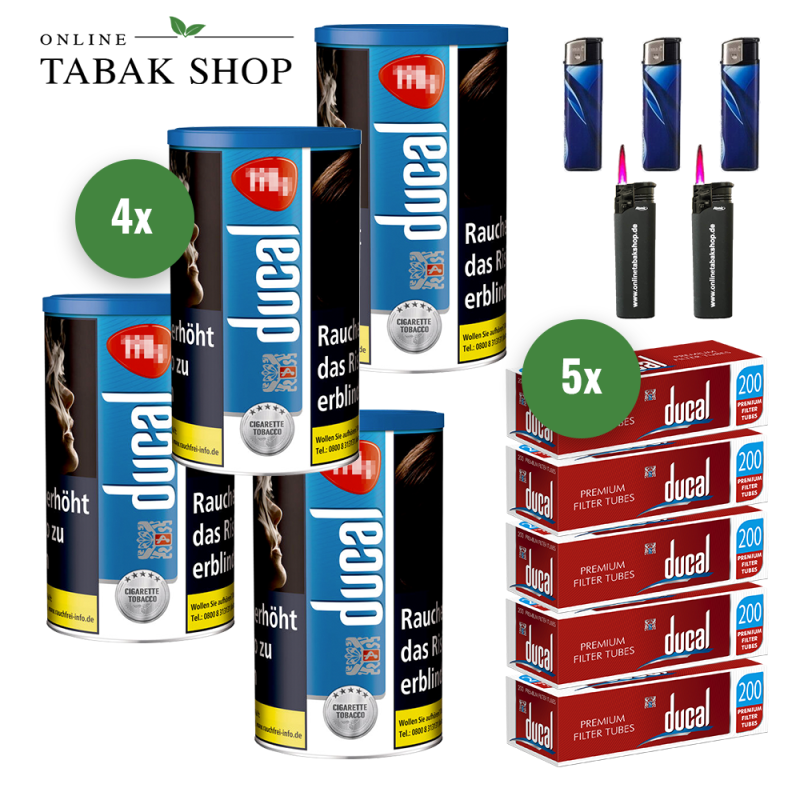 4x Ducal Blau Tabak 155g Dose + 1000 Ducal Hülsen + 3 Feuerzeuge + 2 Sturmfeuerzeuge