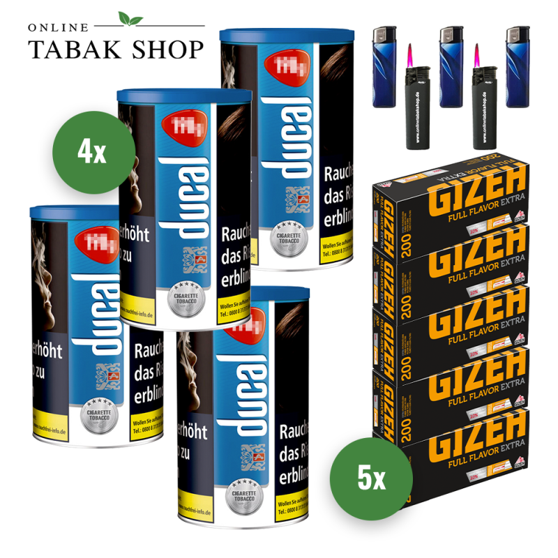 4x Ducal Blau Tabak 155g Dose + 1000 GIZEH Full Flavor Extra Hülsen + 3 Feuerzeuge + 2 Sturmfeuerzeuge