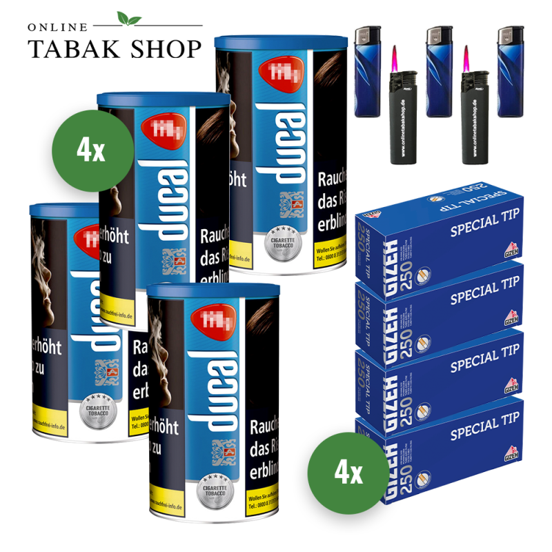 4x Ducal Blau Tabak 155g Dose + 1000 GIZEH Special Tip Hülsen + 3 Feuerzeuge + 2 Sturmfeuerzeuge