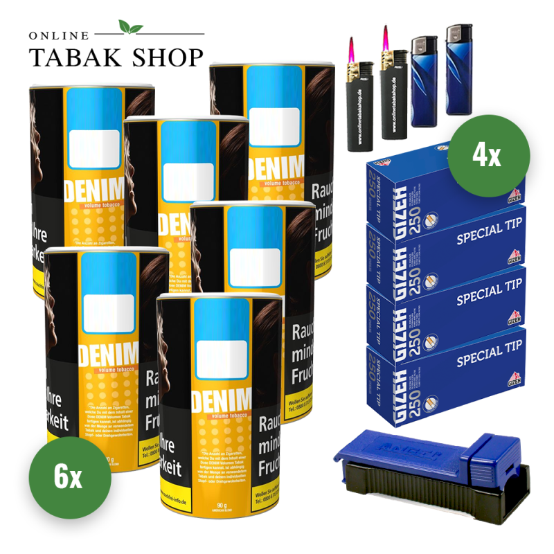 Denim Volumentabak (6 x 85g) + 1.000 Gizeh Special Tip Hülsen + 2 Sturmfeuerzeuge + 2 Feuerzeuge + 1 Angel Stopfer