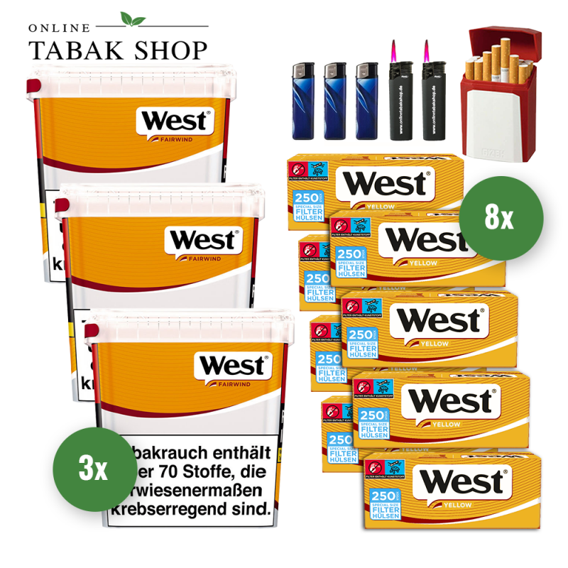 West Yellow Volumen Tabak (3 x 265g) + 2.000 West Yellow EXTRA Hülsen + 2 Sturmfeuerzeuge + 3 Feuerzeuge + 1 GIZEH Etui