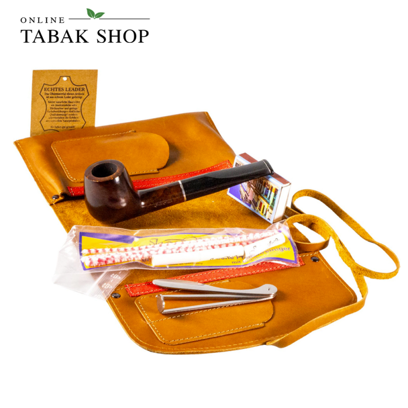 Pfeifen-Einsteigerset Leder Rollbeutel mit JEAN CLAUDE-Pfeife gerade, Pfeifenbesteck, Reiniger, Filter, Zündhölzer & Anleitung