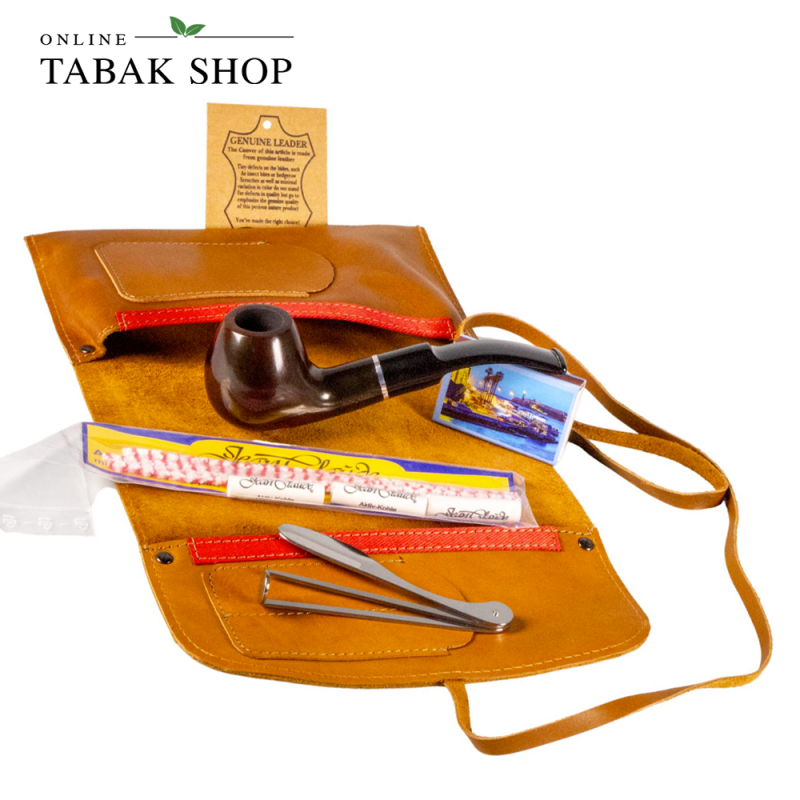 Pfeifen-Einsteigerset Leder Rollbeutel mit JEAN CLAUDE-Pfeife gebogen, Pfeifenbesteck, Reiniger, Filter, Zündhölzer & Anleitung