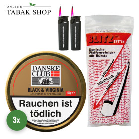 Danske Club Black & Virginia Pfeifentabak (3 x 100g) + 80 Blitz Pfeifenreiniger + 2 Sturmfeuerzeuge
