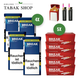 4x Break Blue Volumentabak 85g + 1000 Break Hülsen + 2 Sturmfeuerzeuge + 1 Gizeh Etui