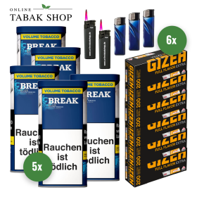 Break Blue / Blau Volumentabak (5x 100g), 1.200 Gizeh Full Flavor Extra Hülsen, 3x Feuerzeuge, 2x Sturmfeuerzeuge - 95,25 €