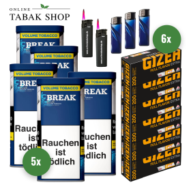 5x Break Blue Tabak 85g + 1200 Gizeh Full Flavor Extra Hülsen + 3 Feuerzeuge + 2 Sturmfeuerzeuge