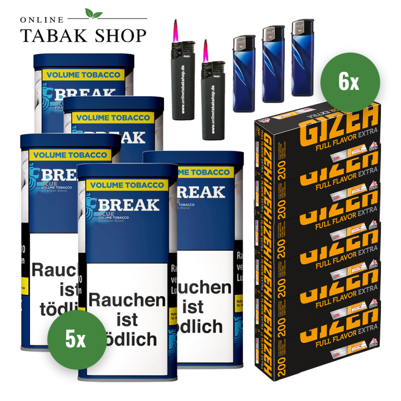 Break Blue / Blau Volumentabak (5x 100g), 1.200 Gizeh Full Flavor Extra Hülsen, 3x Feuerzeuge, 2x Sturmfeuerzeuge