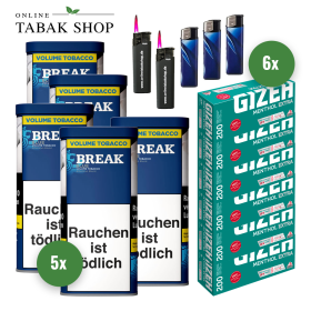 5x Break Blue Tabak 85g + 1200 Gizeh Menthol Extra Hülsen + 3 Feuerzeuge + 2 Sturmfeuerzeuge