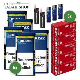 5x Break Blau Volumentabak 85g + 1250 Gizeh Rot Extra Hülsen + 2 Sturmfeuerzeuge + 3 Feuerzeuge