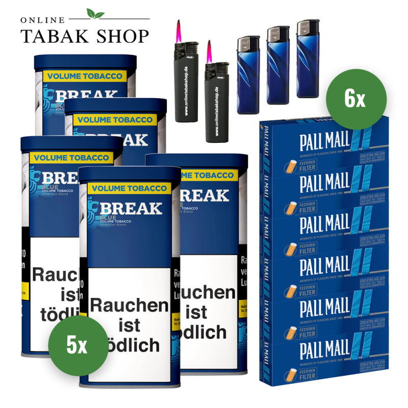 Break Blau / Blue Volumentabak (5 x 100g) + 1.200 Pall Mall Blue Xtra Hülsen + 3 Feuerzeuge + 2 Sturmfeuerzeuge