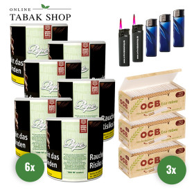 Pepe Bright Green Tabak (6x 80g), 750 OCB Organic Hülsen, 3x Feuerzeuge, 2x Sturmfeuerzeuge - 83,75 €