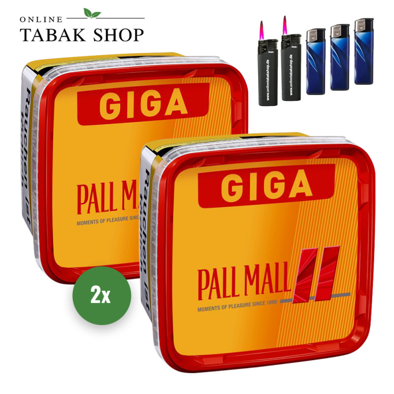 Pall Mall Giga Volumentabak (2 x 250g) + 3 Feuerzeuge + 2 Sturmfeuerzeuge