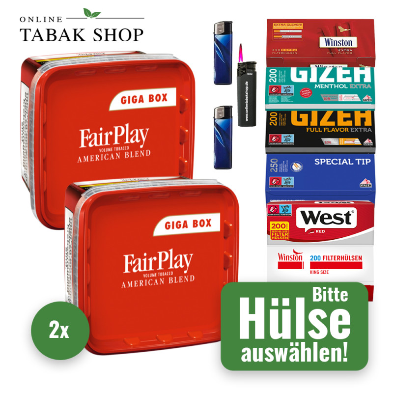 Fair Play Tabak (2 x 300g) + 1.000 Hülsen (wählbar) + 2 Feuerzeuge + 1 Sturmfeuerzeug