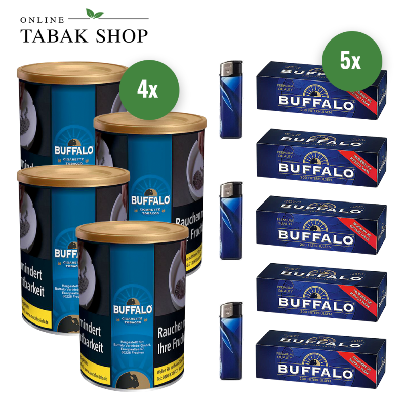 Buffalo Tabak Blue [Blau] (4 x 140g) + 1.000 Buffalo Hülsen + 3 Feuerzeuge