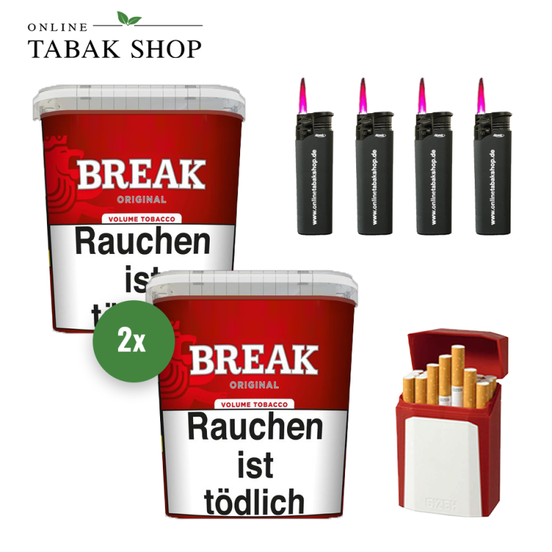 2x BREAK Tabak Rot 185g Eimer + 4 Sturmfeuerzeuge + GIZEH Flip Case (Etui)